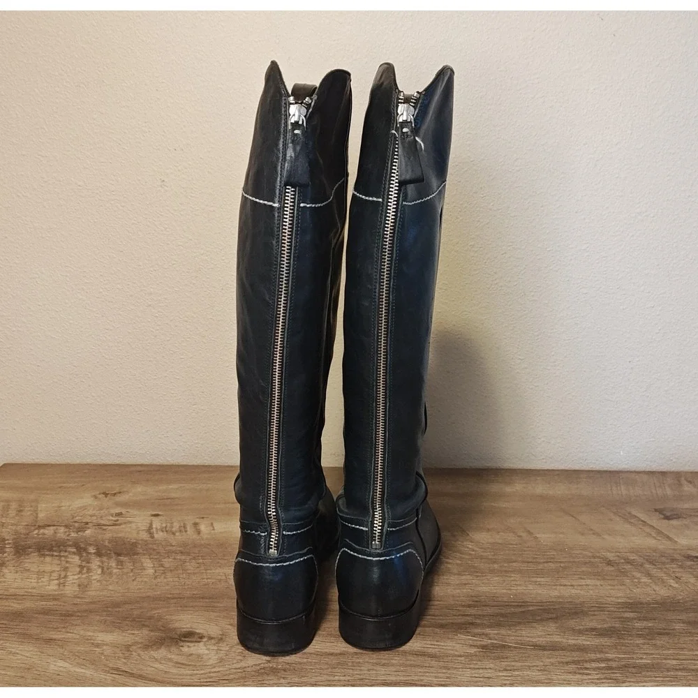Boden Knee High Boots Womens 41 Navy Blue Leather Contrast Stitch Western AZ192